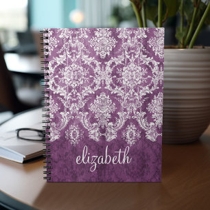 Plum  Damask Pattern en Name Notitieboek