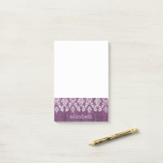 Plum  Damask Pattern en Name Post-it® Notes (Op bureau)