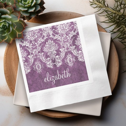 Plum  Damask Pattern en Name Servet