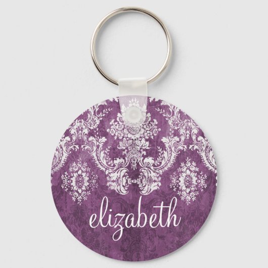 Plum  Damask Pattern en Name Sleutelhanger (Voorkant)