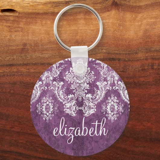 Plum  Damask Pattern en Name Sleutelhanger (Voorkant)