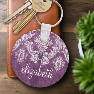 Plum  Damask Pattern en Name Sleutelhanger