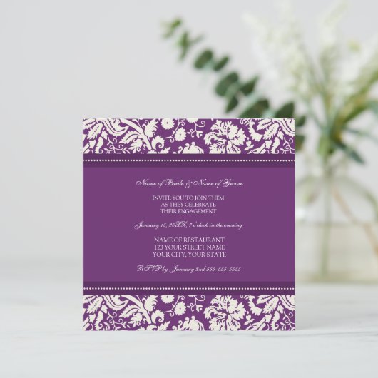 Plum Damask Photo Engagement Party Kaart (Staand voorkant)