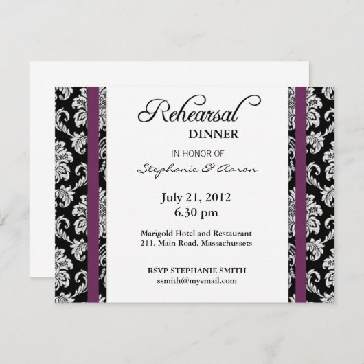 Plum Damask Rehearsal Dinner Kaart (Voorkant / Achterkant)