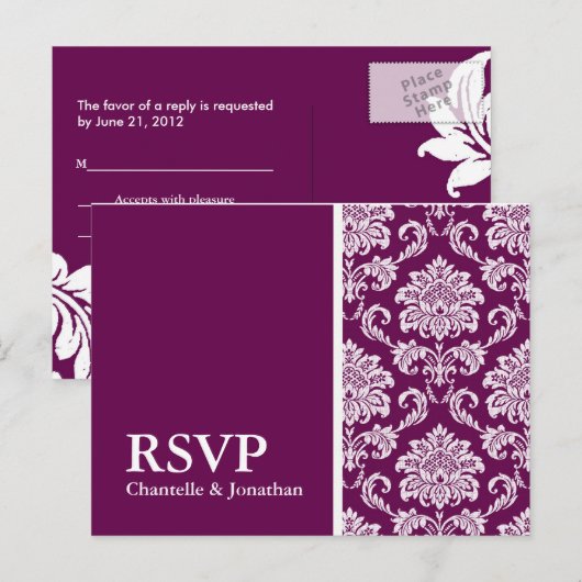 Plum Damask RSVP Briefkaart (Voorkant / Achterkant)