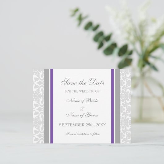 Plum Damask Save the Date Wedding Briefkaarten (Staand voorkant)