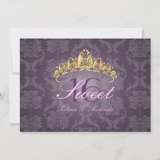Plum Damask Sweet 16/ tiara/amethyst uitnodigingen (Voorkant)