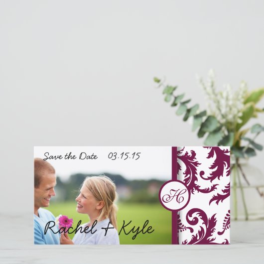 Plum Damask Swirls sparen de Datum Save The Date (Staand voorkant)