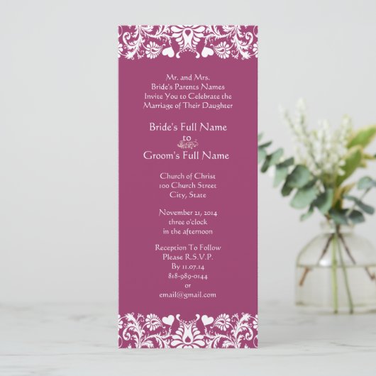 Plum Damask Swirls Wedding Invitation Kaart (Staand voorkant)