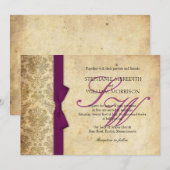 Plum Damask Vintage Bow Wedding Invitation Kaart (Voorkant / Achterkant)