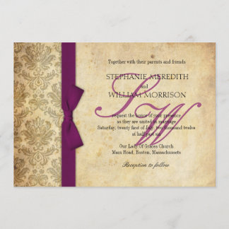 Plum Damask Vintage Bow Wedding Invitation Kaart