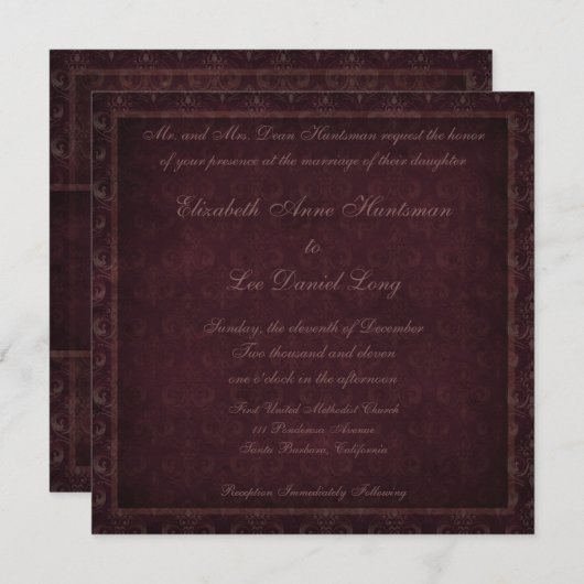 Plum  Damask Wedding Invitation Kaart (Voorkant / Achterkant)