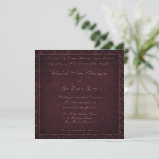Plum  Damask Wedding Invitation Kaart (Staand voorkant)