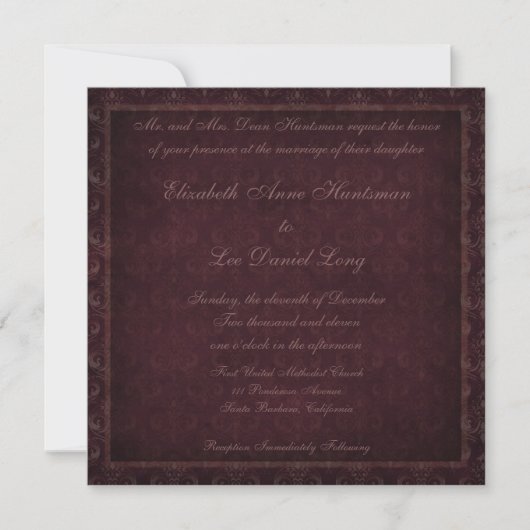 Plum  Damask Wedding Invitation Kaart (Voorkant)