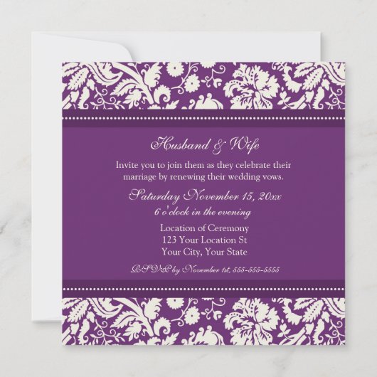 Plum Damask Wedding Vow Renewal Uitnodigingen (Achterkant)