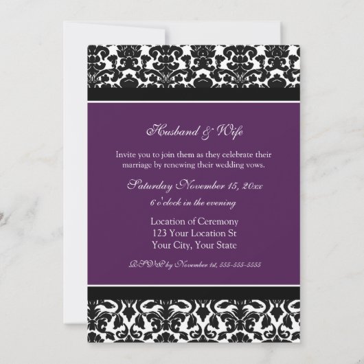 Plum Damask Wedding Vow Renewal Uitnodigingen (Achterkant)