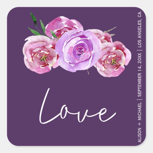Plum donker paarse roze pioenen bruiloft liefde sc vierkante sticker (Voorkant)