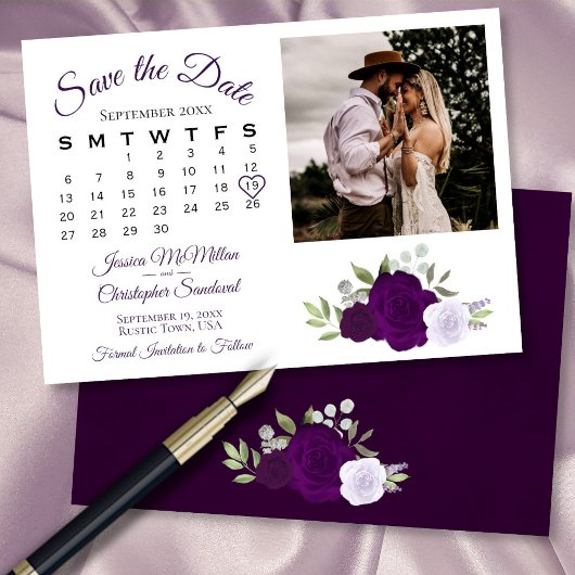 Plum & Dusty Paarse Rozen Wedding Calendar & Photo Save The Date