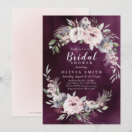 Plum & dusty roze boho floral vrijgezellenfeest kaart (Voorkant / Achterkant)