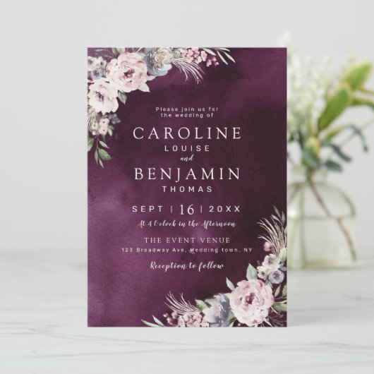 Plum & dusty roze rustic boho floral bruiloft kaart (Staand voorkant)