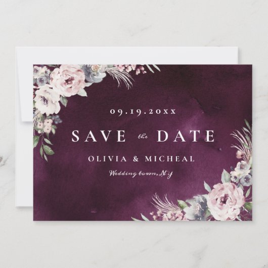 Plum & dusty roze rustic boho floral save the date (Voorkant)