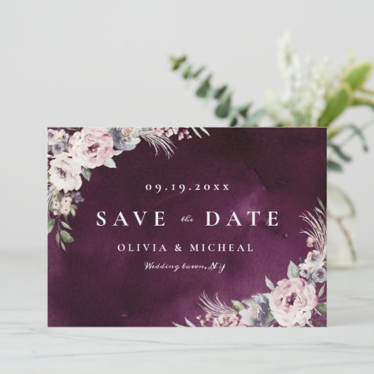 Plum & dusty roze rustic boho floral save the date (Staand voorkant)