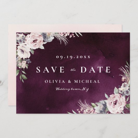 Plum & dusty roze rustic boho floral save the date (Voorkant / Achterkant)