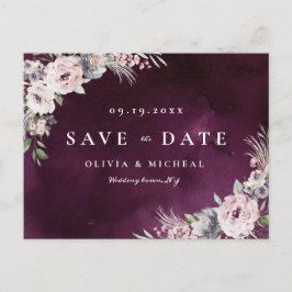 Plum & dusty roze rustic boho floral save the date aankondigingskaart