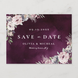 Plum & dusty roze rustic boho floral save the date aankondigingskaart