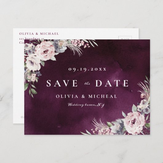 Plum & dusty roze rustic boho floral save the date aankondigingskaart (Voorkant / Achterkant)
