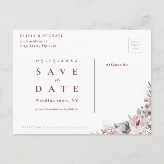 Plum & dusty roze rustic boho floral save the date aankondigingskaart (Achterkant)