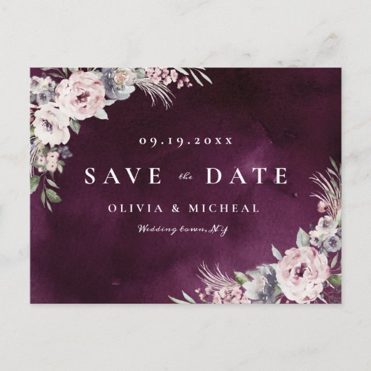 Plum & dusty roze rustic boho floral save the date aankondigingskaart (Voorkant)