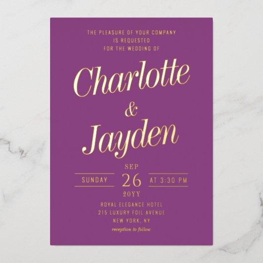 Plum Elegant Folie Script Fotobruiloft Folie Uitnodiging (Voorkant)