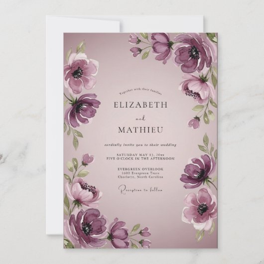 Plum Elegant Watercolor Wedding Kaart (Voorkant)