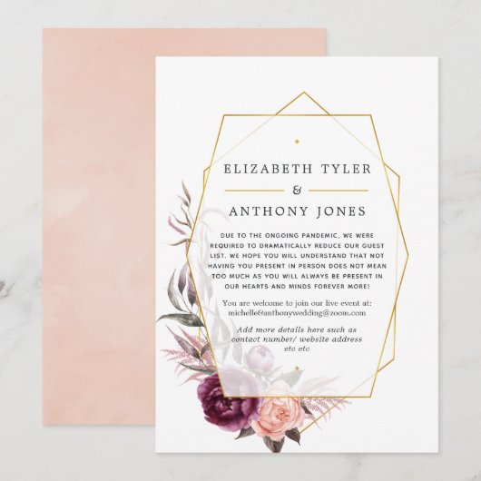 Plum en Blush Floral Geometric Verminderde Gastenl Aankondiging (Voorkant / Achterkant)