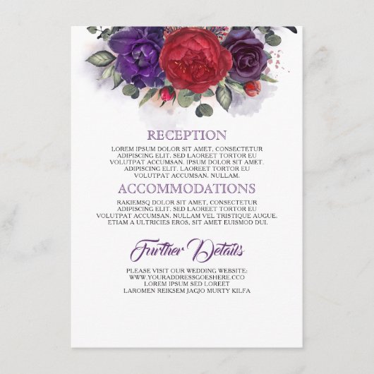 Plum en Bourgondië Floral bruiloft informatie Informatiekaartje (Voorkant)