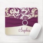 Plum en Champagne Damask, Faux Ribbon Mousepad Muismat (Met muis)