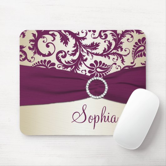 Plum en Champagne Damask, Faux Ribbon Mousepad Muismat (Met muis)