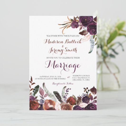 Plum en Copper Waterverf Bloemen bruiloft Uitnodig Kaart (Staand voorkant)