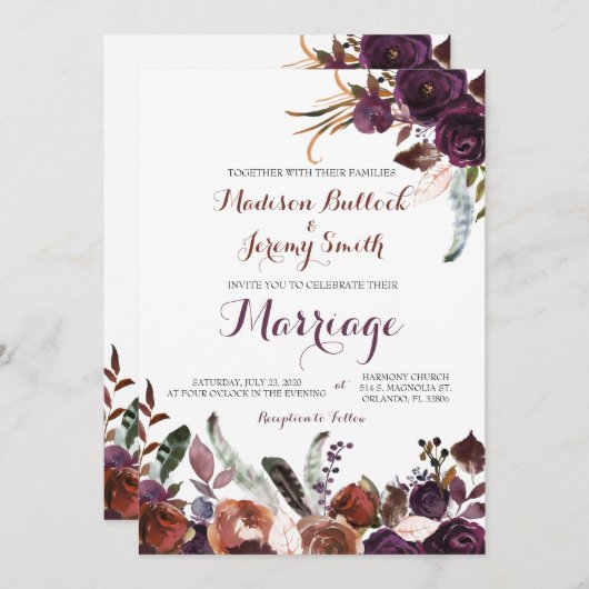 Plum en Copper Waterverf Bloemen bruiloft Uitnodig Kaart (Voorkant / Achterkant)