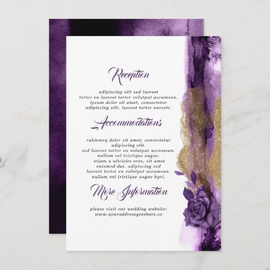 Plum en Gold Floral bruiloft informatie gast Informatiekaartje (Voorkant / Achterkant)
