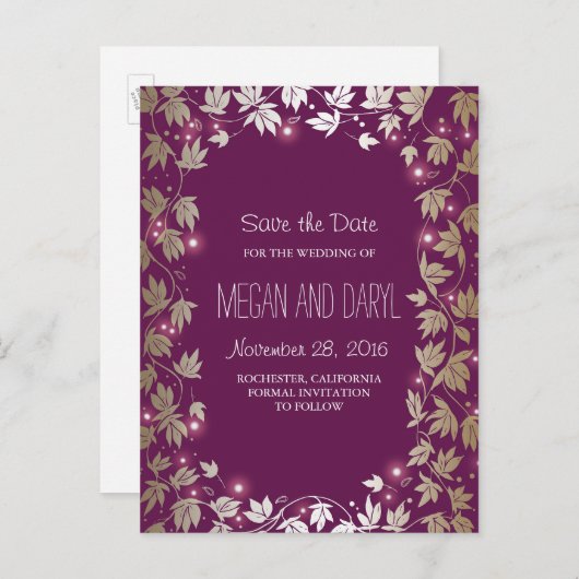 Plum en Gold Garden Branches Bewaar de datum Aankondigingskaart (Voorkant / Achterkant)