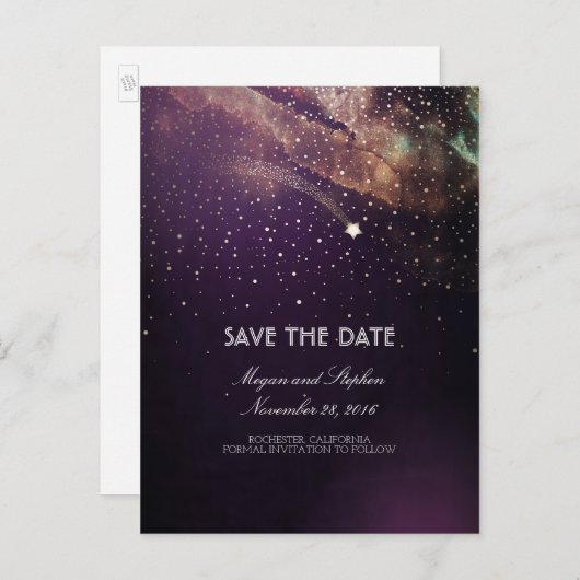 Plum en Gold Schieten Star Night Save The Date Aankondigingskaart (Voorkant / Achterkant)