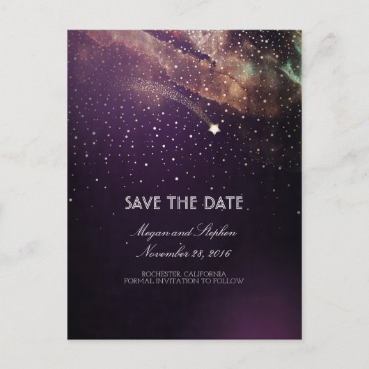 Plum en Gold Schieten Star Night Save The Date Aankondigingskaart (Voorkant)