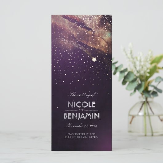 Plum en Gold Shooting Star Night Wedding Programma Programmakaart (Staand voorkant)