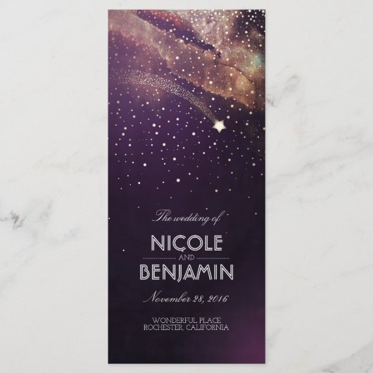 Plum en Gold Shooting Star Night Wedding Programma Programmakaart (Voorkant)