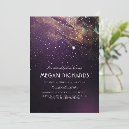 Plum en Gold Shooting Star Starry Baby shower Kaart (Staand voorkant)