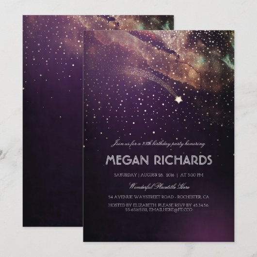 Plum en Gold Shooting Star Starry Verjaardagsfeest Kaart (Voorkant / Achterkant)