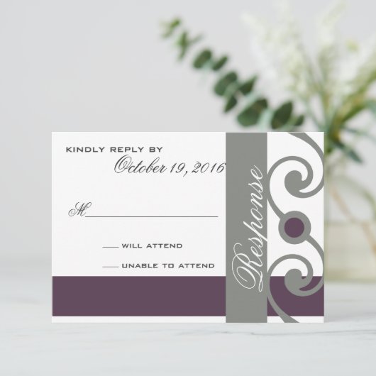 Plum en grijs reactiekaart RSVP kaartje (Staand voorkant)
