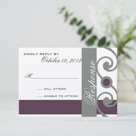 Plum en grijs reactiekaart RSVP kaartje (Staand voorkant)